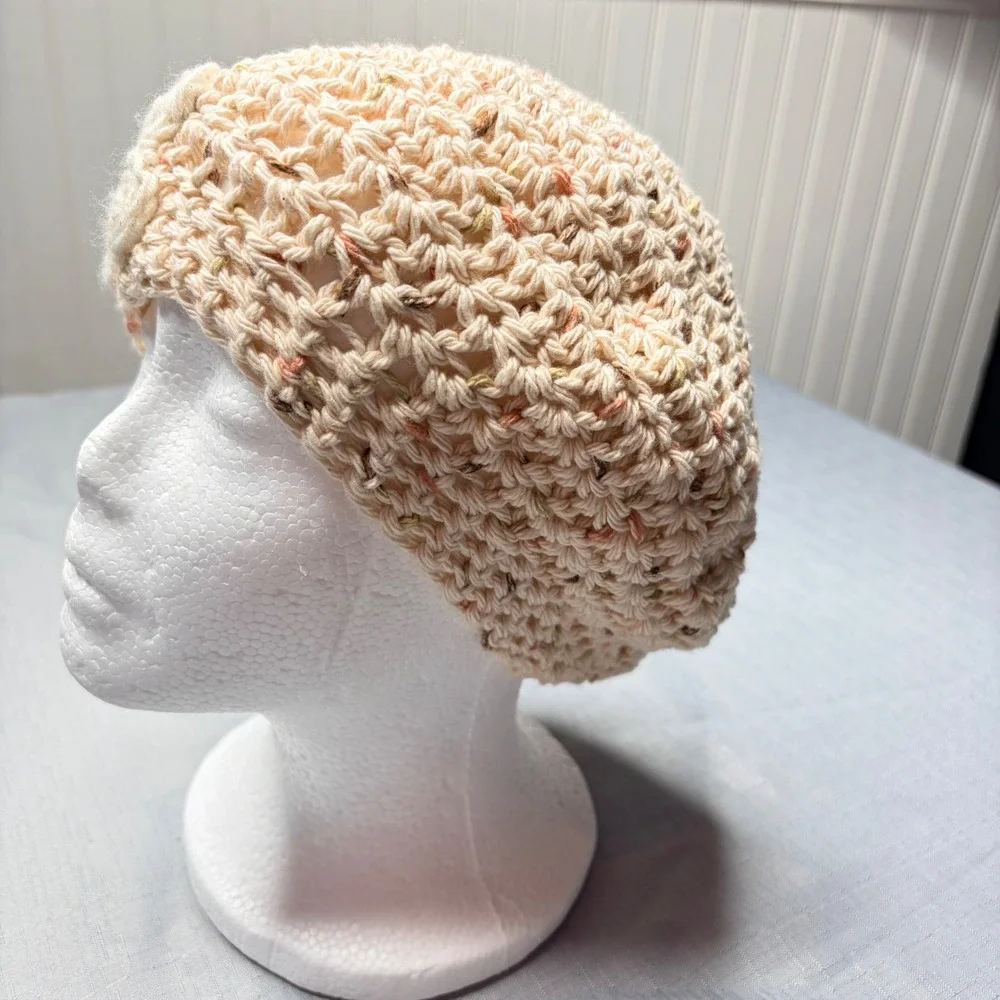 Handmade Crochet Beret OS Cream Multi Color Flecked Flower Slouchy Beanie Hat